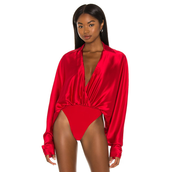 LaQuan Smith Silk Tuxedo Bodysuit Scarlet Size M - Picture 2 of 9